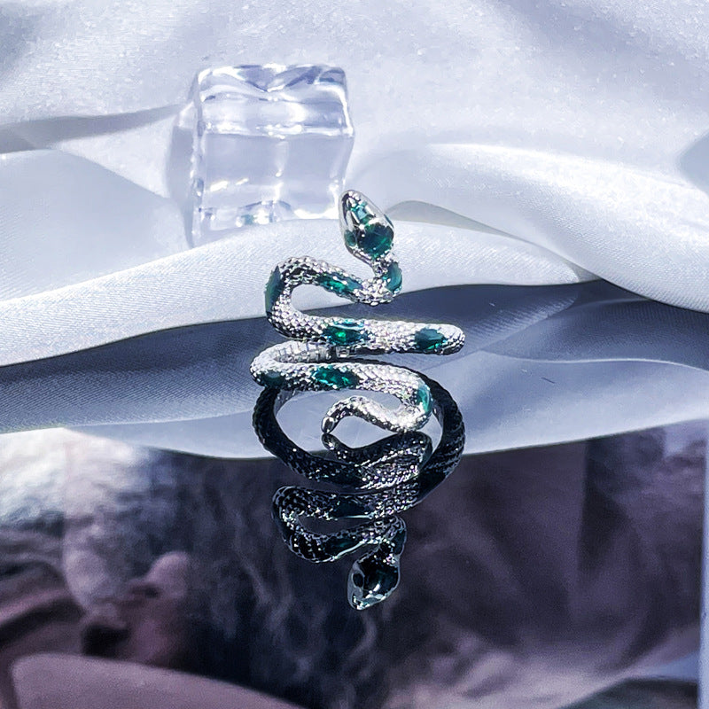 Vintage Silver Snake Ring With Red Zircon, Gothic Adjustable Coiled Serpent Statement Ring For Women