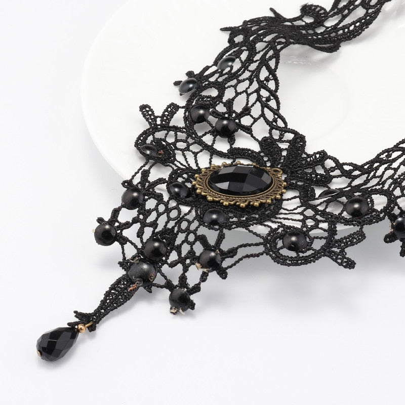 Goth Crystal Flower Statement Necklace – Beaded Water Drop Pendant