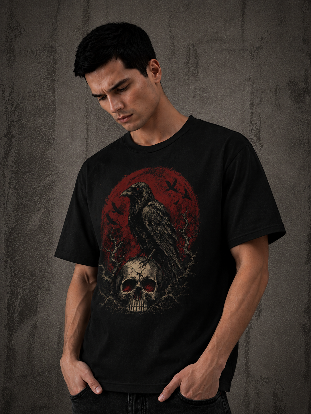 Goth Raven Skull Graphic T-Shirt (Black)