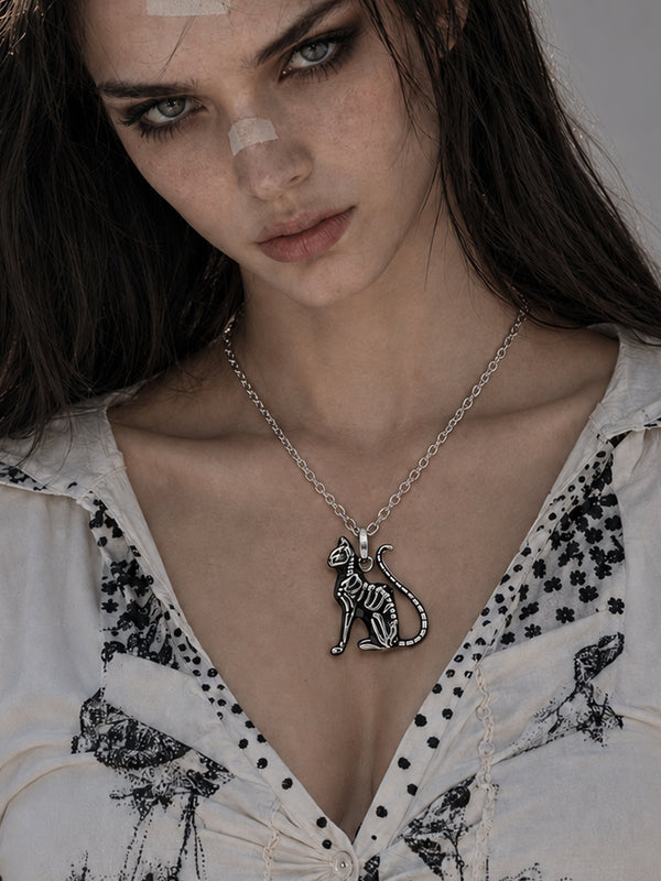 Mini Cat Skeleton Necklace Gothic Bone Pendant For Women