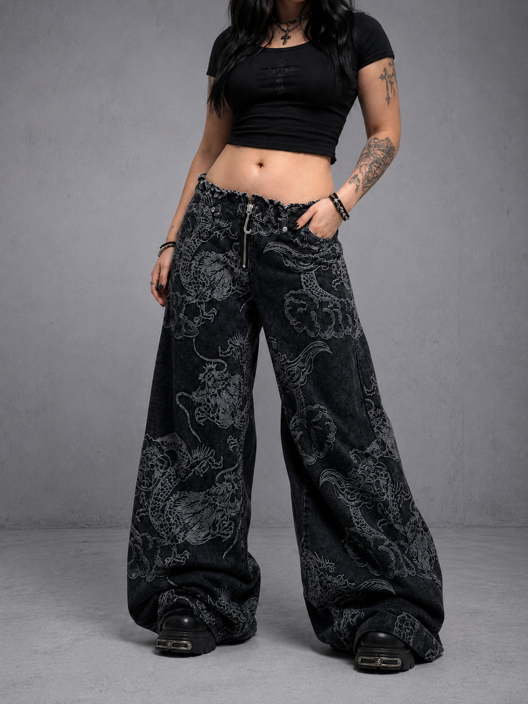 Gothic Dragon Print Baggy Jeans – Harajuku Y2K Aesthetic Denim