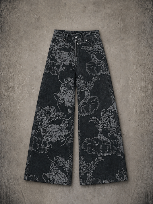 Gothic Dragon Print Baggy Jeans – Harajuku Y2K Aesthetic Denim