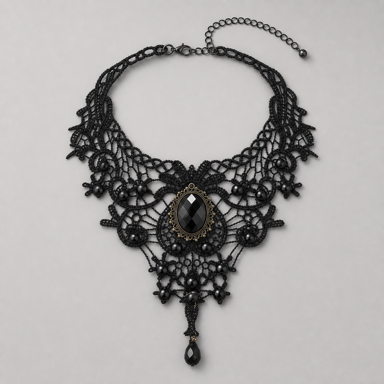 Goth Crystal Flower Statement Necklace – Beaded Water Drop Pendant