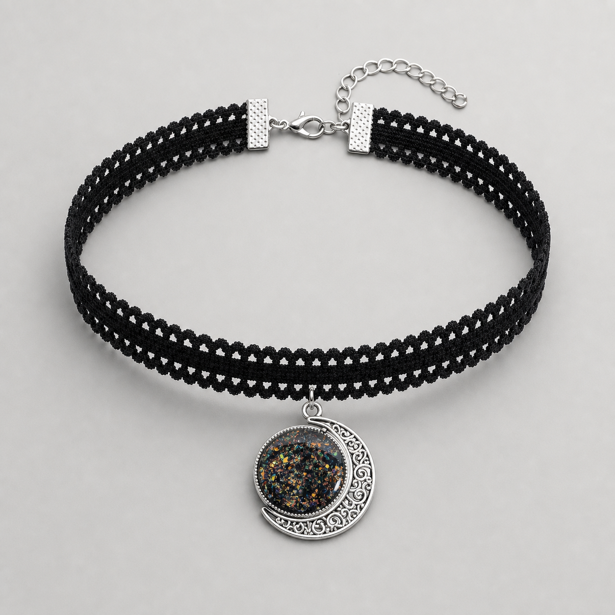 Goth Moon Choker Necklace – Black & White Two-Sided Faux Opal