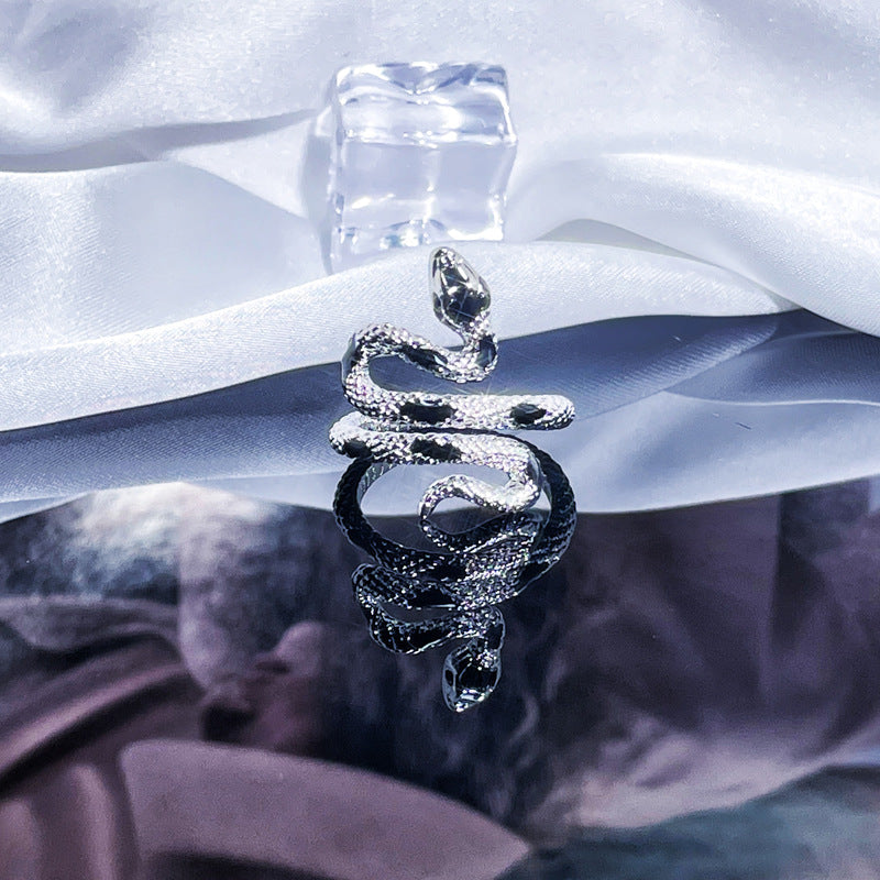Vintage Silver Snake Ring With Red Zircon, Gothic Adjustable Coiled Serpent Statement Ring For Women