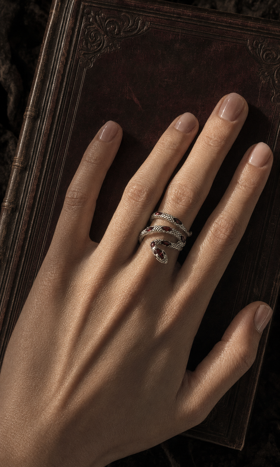 Vintage Silver Snake Ring With Red Zircon, Gothic Adjustable Coiled Serpent Statement Ring For Women