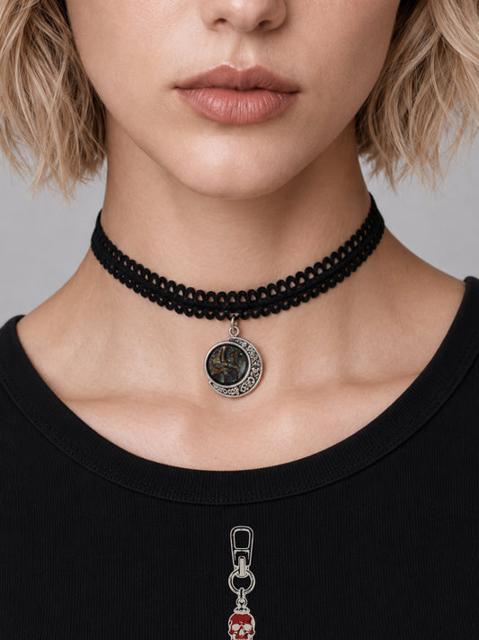 Goth Moon Choker Necklace – Black & White Two-Sided Faux Opal