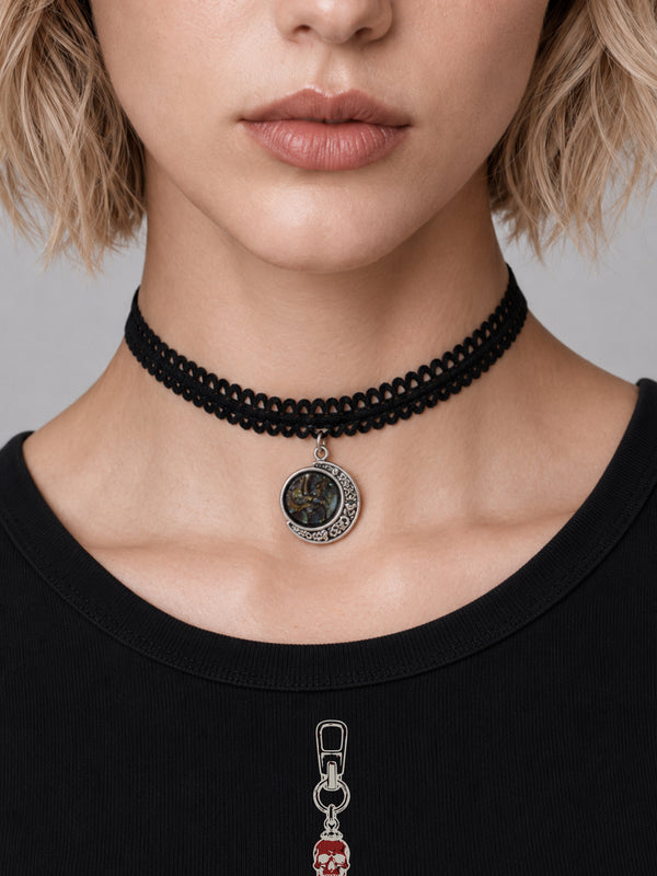 Goth Moon Choker Necklace – Black & White Two-Sided Faux Opal