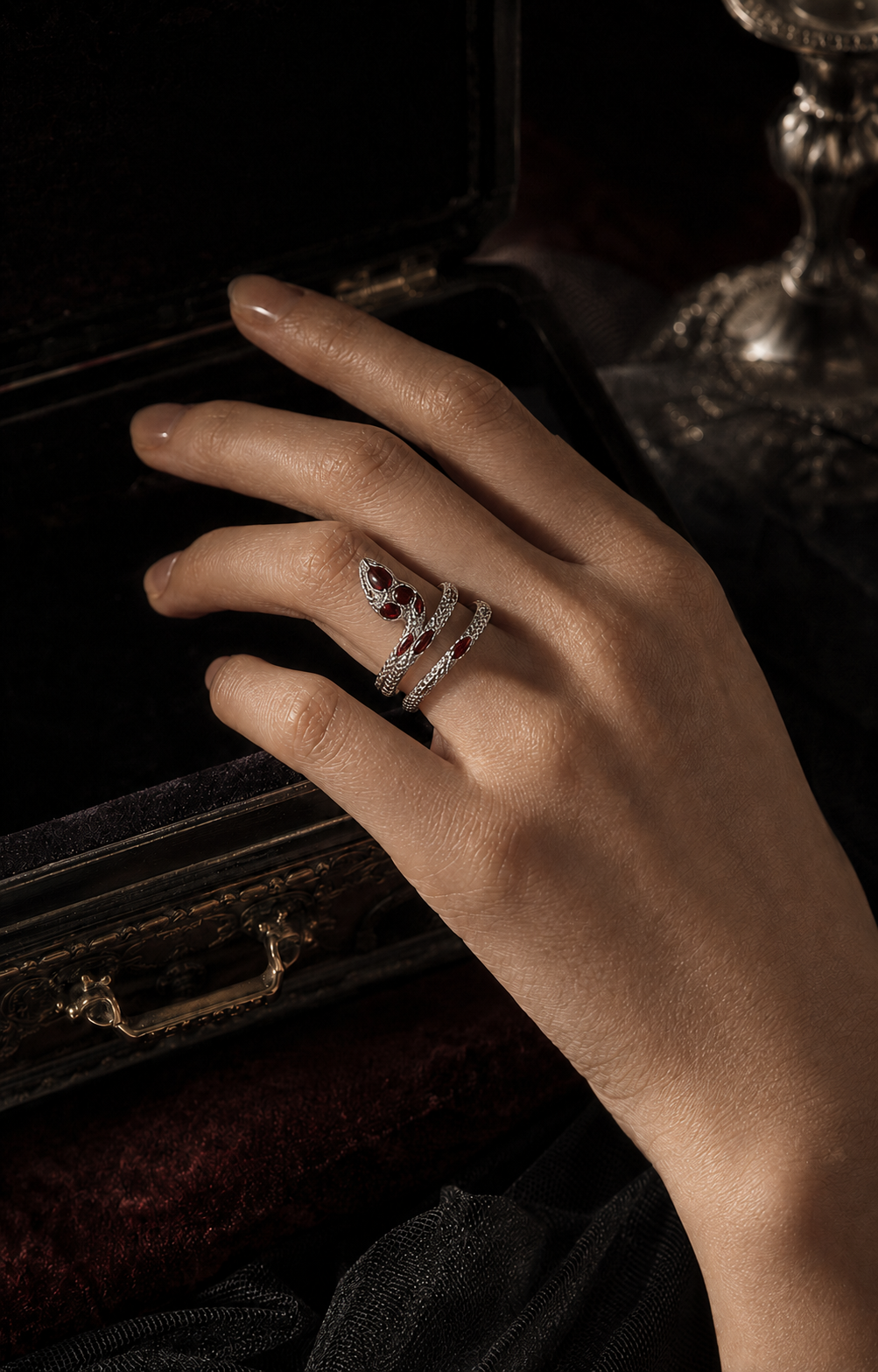 Vintage Silver Snake Ring With Red Zircon, Gothic Adjustable Coiled Serpent Statement Ring For Women