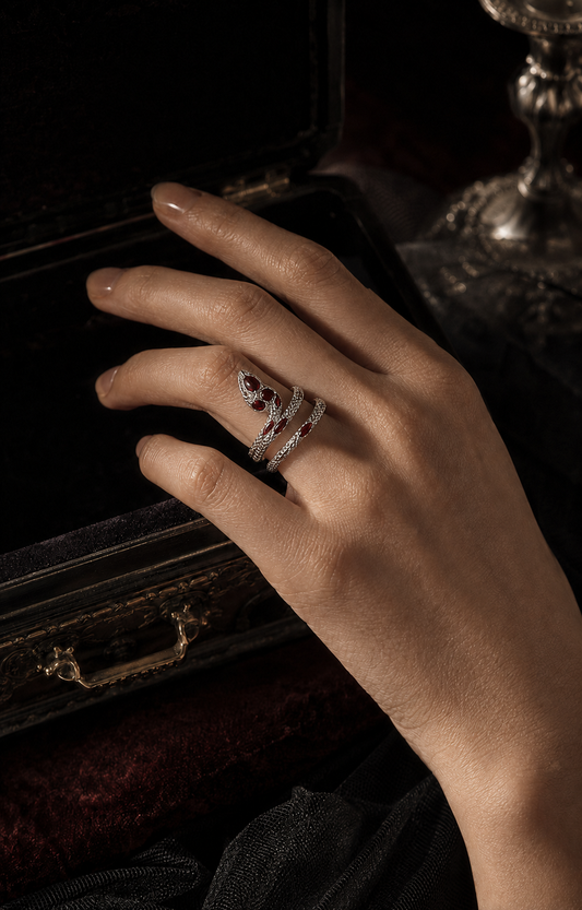 Vintage Silver Snake Ring With Red Zircon, Gothic Adjustable Coiled Serpent Statement Ring For Women