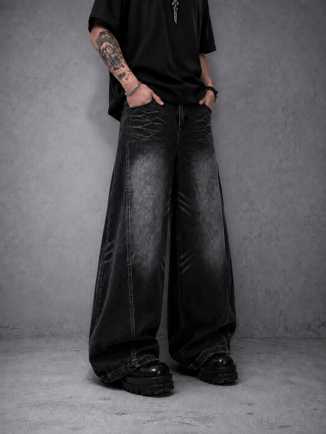 Men‘s Gothic Washed Black Baggy Jeans