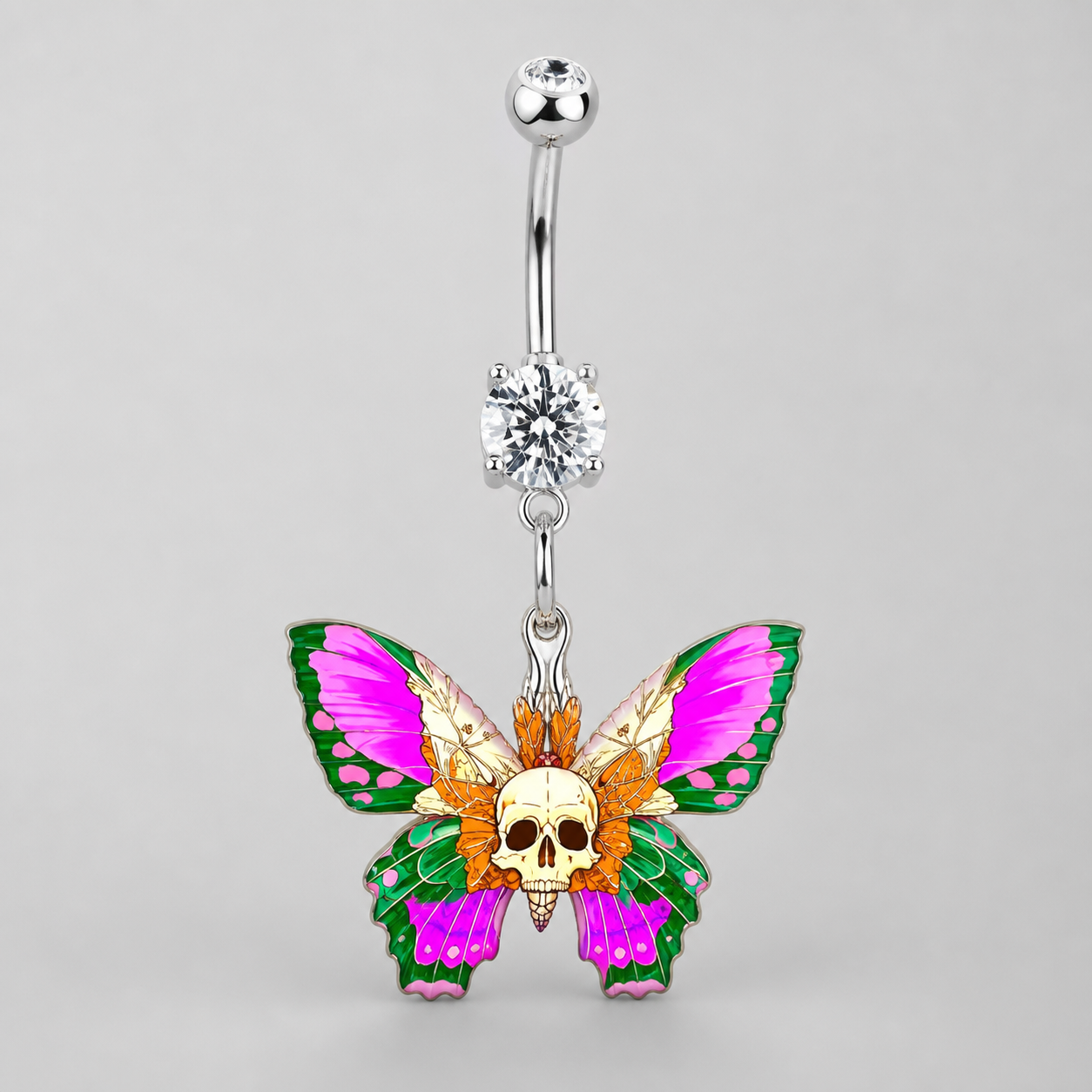 Goth Butterfly Skull Belly Ring – Clear Gem Dangle