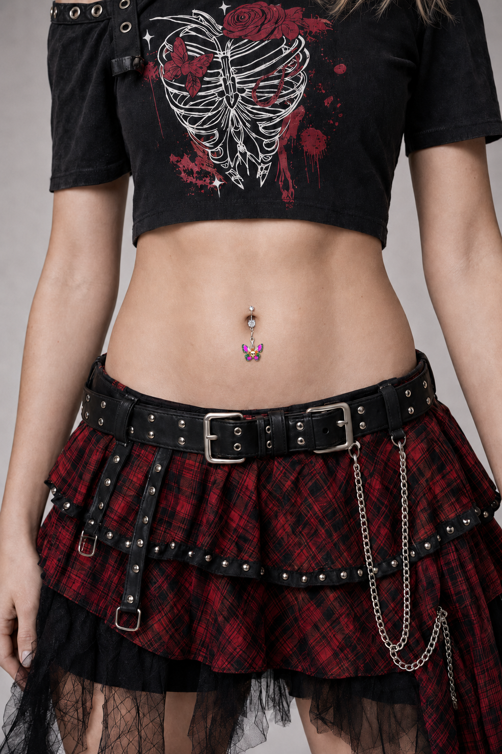 Goth Butterfly Skull Belly Ring – Clear Gem Dangle