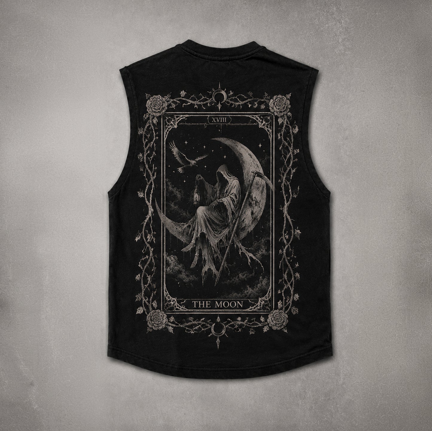 Back view of black men's goth tank top with tarot moon graphic