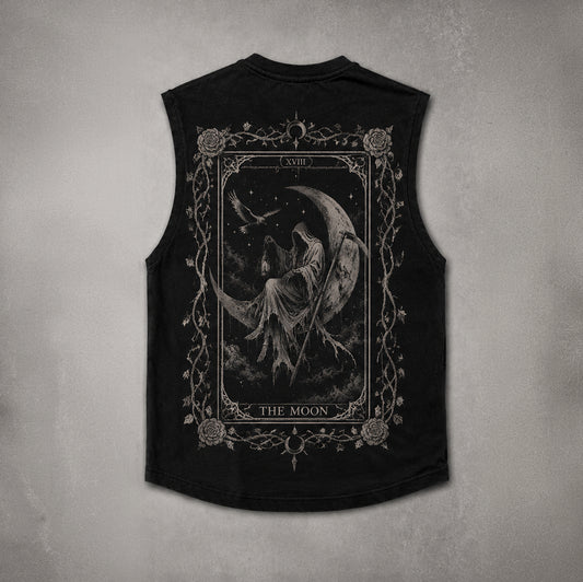 Back view of black men's goth tank top with tarot moon graphic