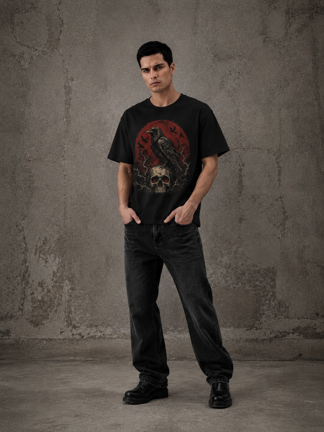 Goth Raven Skull Graphic T-Shirt (Black)