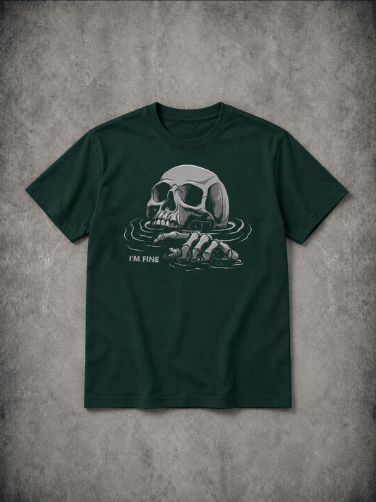 "I'M FINE" Drowning Skull Black Print T-Shirt - Gothic Humor Graphic Tee, Sarcastic Men's Apparel, Dark Aesthetic Skull Shirt