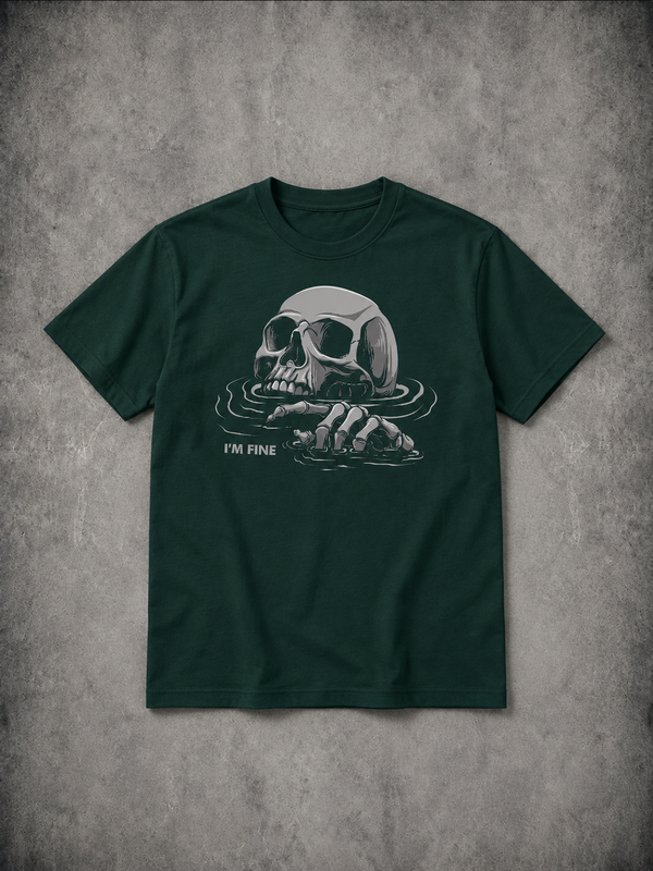 "I'M FINE" Drowning Skull Black Print T-Shirt - Gothic Humor Graphic Tee, Sarcastic Men's Apparel, Dark Aesthetic Skull Shirt